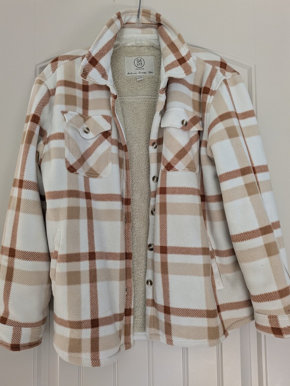 Plaid Sherpa-Lined Shacket Jacket - Cream & Tan